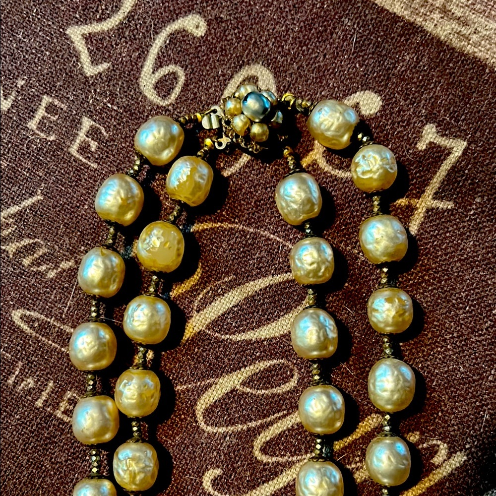 Miriam Haskell Double Stand Baroque Pearl Necklace with Elegant Flower Clasp